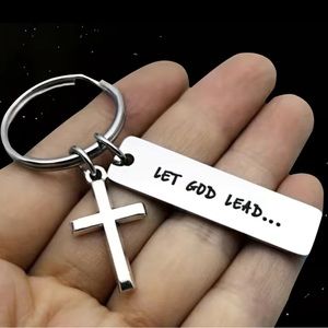 New Stainless Steel “Let God Lead” Laser Engraved Keychain Cross Christian